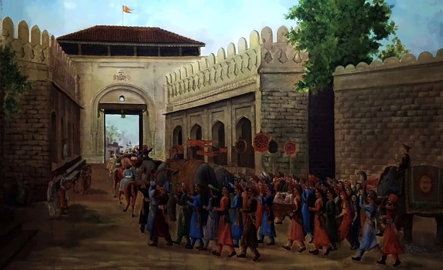 Painting of a royal procession passing through the gate of Miraj Fort
